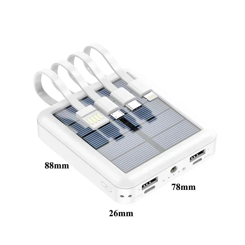 SolarMini 20000mAh Power Bank with Built-in Cables & LED Flashlight
