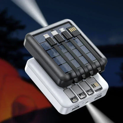 SolarMini 20000mAh Power Bank with Built-in Cables & LED Flashlight